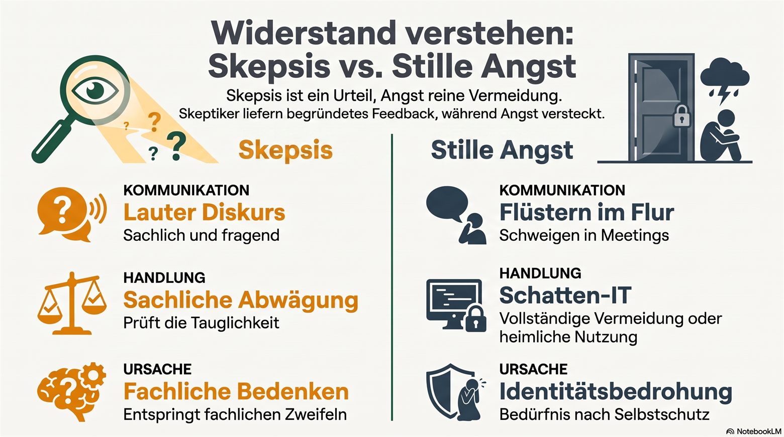 Skepsis und stille Angst im Vergleich. Skepsis zeigt sich als lauter Diskurs, sachliche Abwägung und fachliche Bedenken. Stille Angst zeigt sich als Flüstern im Flur und Schweigen in Meetings, als Schatten-IT oder heimliche Nutzung, und als Identitätsbedrohung mit dem Bedürfnis nach Selbstschutz.